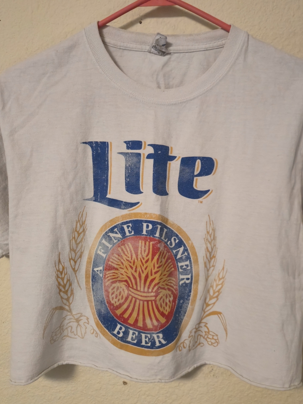 Miller Lite “A Fine Pilsner Beer” graphic crop T-shirt featuring the classic Med